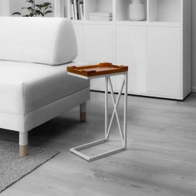 28 Inch Modern C Shape End Table; Mango Wood Tray Top; Iron Frame; Brown; White; DunaWest